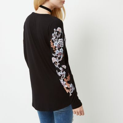 Black floral print long sleeve top